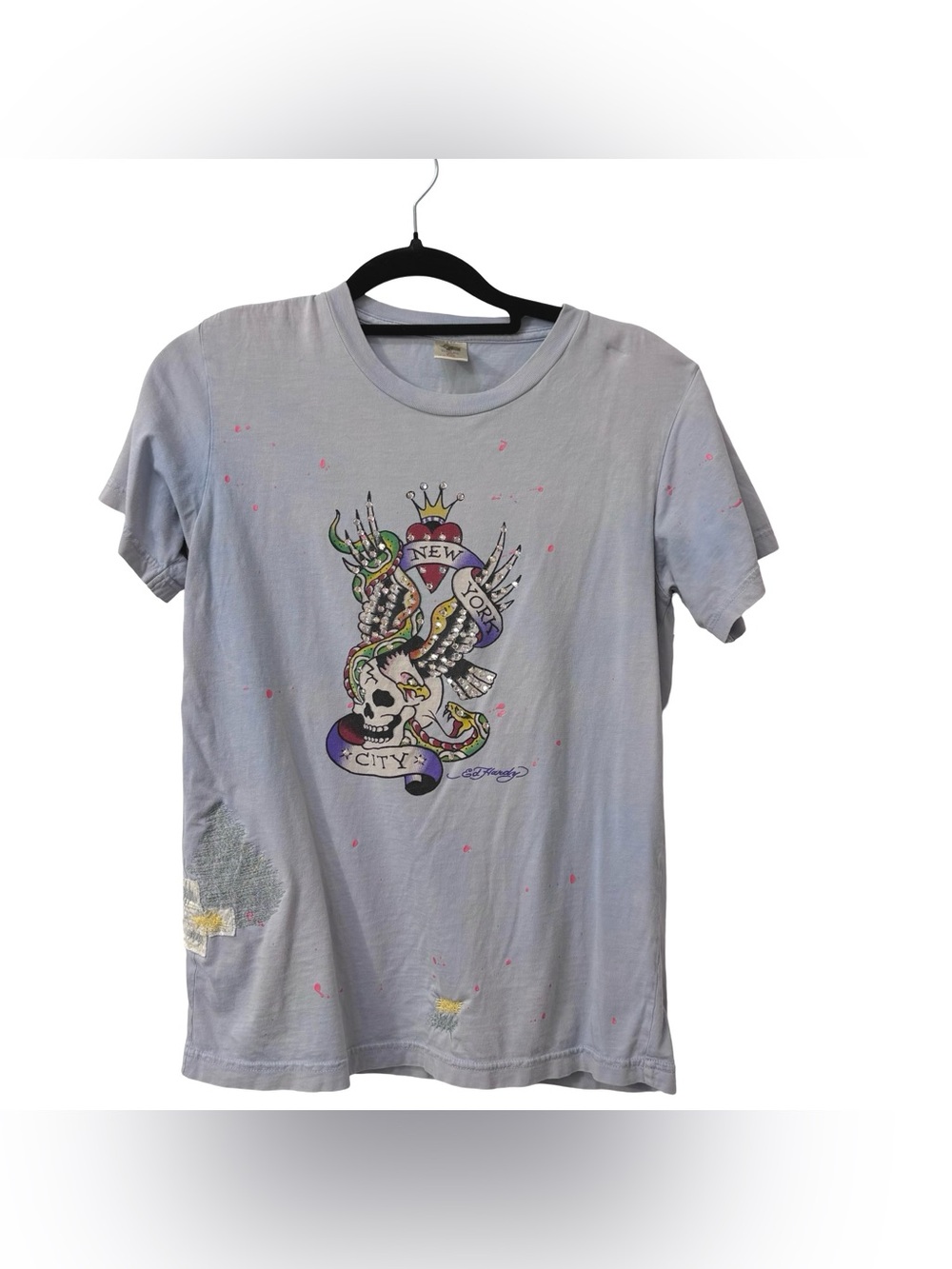 Ed Hardy t-shirt blue splatter paint "New York City" skull graphic rhinestones M